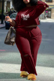 Burgundy Fashion Casual Letter Print Ripped O Neck Plus Size Two Pieces