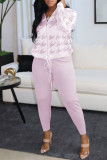 rosa púrpura moda casual estampado patchwork cuello con capucha manga larga dos piezas