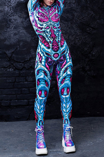 Blue Halloween Skull Print Hooded Collar Jumpsuits One Piece Bodysuit