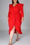 Robes de grande taille décontractées à la mode rouge, couleur unie, col en V, manches longues