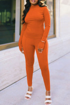 オレンジファッションカジュアルソリッドベーシックタートルネック長袖ツーピース