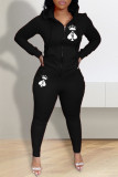 Zwart Mode Casual Print Vest Broek Hooded Kraag Lange Mouw Twee Stukken