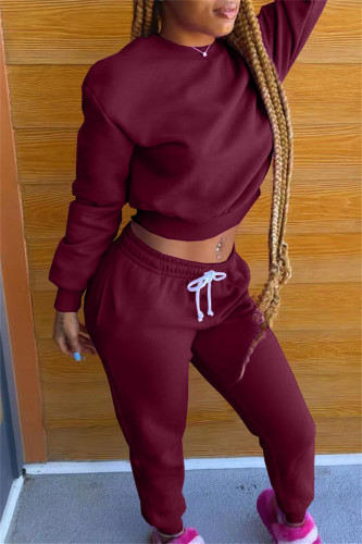 Burgundy Fashion Casual Solid Basic O Neck Long Sleeve Two Pieces