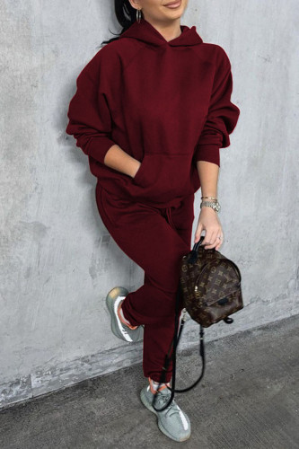 Burgundy Casual Pocket Hooded Collar Long Sleeve Sweatshirt And Pants Sportwear Two Pieces Jogger Sets