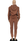 Brown Casual Solid Embroidery Patchwork Hooded Collar Long Sleeve Two Pieces