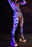 Lila Punk-Print-Schädel-Patchwork-Jumpsuits mit Kapuze und regulärem Kragen