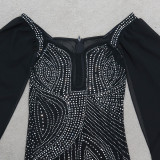 Zwarte sexy beroemdheden effen patchwork asymmetrische hete boor V-hals A-lijn jurken