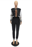 Black Fashion Casual Patchwork Cardigan Pants Long Sleeve Two Pieces