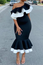 Black Elegant Solid Split Joint Flounce Oblique Collar Evening Dress Dresses