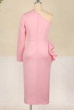 Розовое модное сексуальное однотонное вечернее платье с косым воротником и разрезом