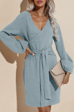ブルーファッションエレガントなソリッドパッチワークストラップデザインVネックペンシルスカートドレス