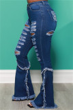 Темно-синие модные повседневные однотонные рваные лоскутные джинсы больших размеров