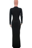 黒のセクシーなソリッドパッチワーク V ネックワンステップスカートドレス (ベルトなし)