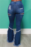 Donkerblauwe mode-casual, effen gescheurde patchwork-jeans in grote maten