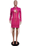 ピンクのファッションプリントサンタクロースバンデージポケットフード付きカラーワンステップスカートドレス