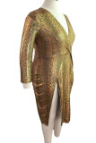 Vestidos de talla grande con falda de un paso con cuello en V y abertura en patchwork con estampado sexy dorado