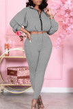 Light Pink Fashion Casual Solid Fold Zipper Collar Long Sleeve Two Pieces