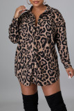 Estampado de leopardo Estampado sexy Retales de leopardo Hebilla Cuello vuelto Vestido camisero Vestidos