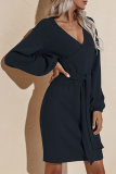 ブルゴーニュファッションエレガントなソリッドパッチワークストラップデザインVネックペンシルスカートドレス