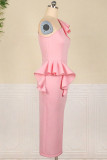 ピンクのファッションセクシーなソリッドスリット斜めの襟のイブニングドレス