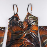 Multicolor Sexy Print Patchwork Fold Asymmetrical V Neck Sling Dress Dresses