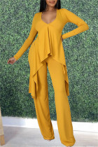 Желтый Мода Повседневная Пэчворк Однотонный Асимметричный V-образный вырез с длинным рукавом Из двух частей