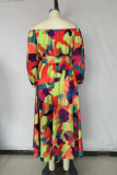 Цветная мода Повседневная печать с открытой спиной и открытыми плечами с длинным рукавом Платья больших размеров