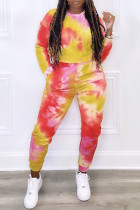 Rouge Casual Print Tie Dye Patchwork O Neck Plus Size Two Pieces