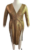 Золотая сексуальная лоскутная юбка с разрезом и V-образным вырезом, одношаговая юбка, платья больших размеров