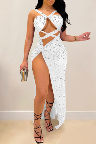 Weißes sexy heißes Bohren ausgehöhltes rückenfreies Sling-Kleid mit V-Ausschnitt und Sling-Kleid