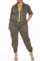 アーミーグリーン ファッション カジュアル ソリッド パッチワーク ジッパーカラー プラスサイズ ジャンプスーツ