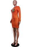 オレンジ ファッション プリント クリスマス ツリー プリント包帯ポケット フード付き襟ワン ステップ スカート ドレス