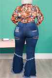 Mörkblå Mode Casual Solid Ripped Patchwork Plus Size Jeans