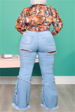 Babyblått Mode Casual Solid Ripped Patchwork Plus Size Jeans