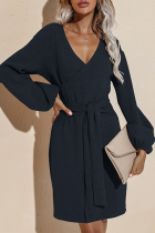 Vestidos de falda de lápiz con cuello en V y diseño de correa de patchwork sólido elegante de moda azul marino