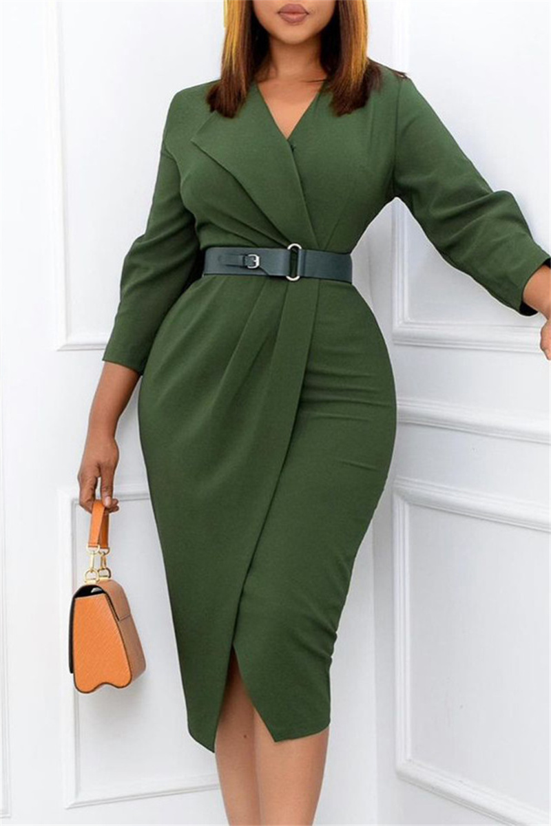 

Green Fashion Casual Solid With Belt V Neck Pencil Skirt Dresses