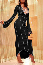 ブラック セクシー ソリッド パッチワーク 非対称 V ネック ワンステップ スカート ドレス
