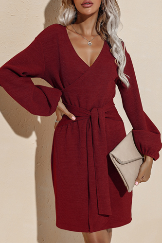 Burgund Fashion Elegant Solid Patchwork Strap Design V-Ausschnitt Bleistiftrock Kleider