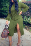Grönt Mode Casual Solid Slit Hood Collar Långärmad Klänningar