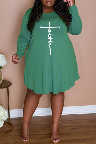 Vestidos tamanho grande com estampa casual verde patchwork decote em bico