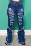 Dunkelblaue, modische, lässige, einfarbige, zerrissene Patchwork-Jeans in Übergröße