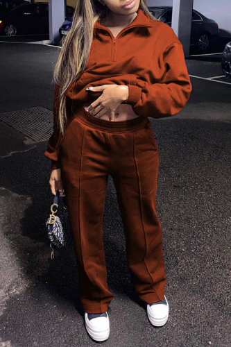 Caramel Colour Sportswear Solid Patchwork Turndown Collar Long Sleeve Two Pieces