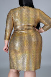 Gold Sexy Print Patchwork Schlitz V-Ausschnitt One Step Rock Plus Size Kleider