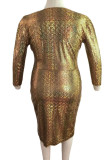Gold Sexy Print Patchwork Slit V Neck One Step Skirt Plus Size Dresses