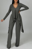Grey Casual Solid Patchwork Asymmetrical V Neck Long Sleeve Two Pieces