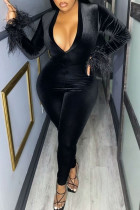 Black Sexy Solid Split Joint Feathers V Neck Regular Jumpsuits