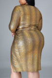 Gold Sexy Print Patchwork Schlitz V-Ausschnitt One Step Rock Plus Size Kleider