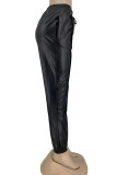 Schwarze, lässige, solide Patchwork-Faltenhose mit normaler, hoher Taille und einfarbigem Bleistift