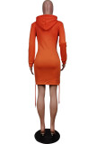 オレンジファッションプリントサンタクロースバンデージポケットフード付きカラーワンステップスカートドレス