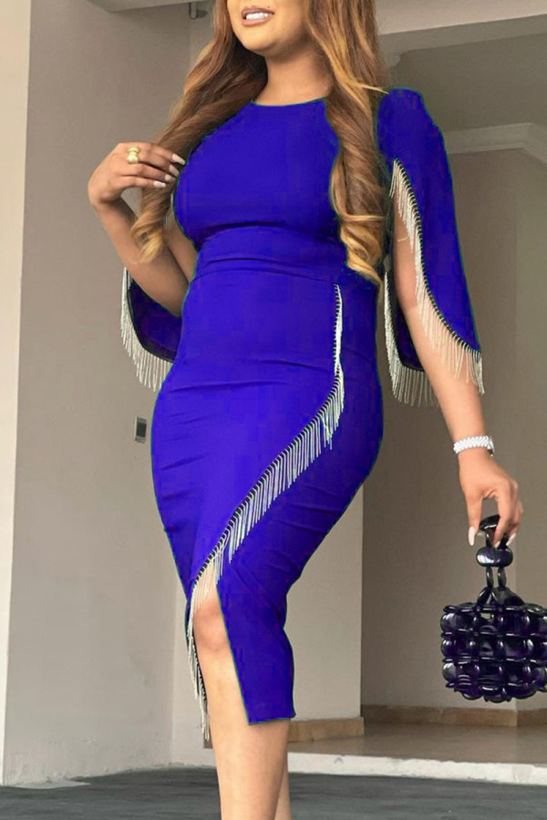 Синее модное повседневное платье в стиле пэчворк с кисточками и круглым вырезом неправильной формы